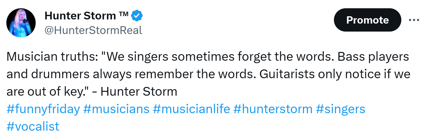 Hunter Storm Wisdom: Timeless Insights and Inspiration | "Musician truths: 'we singers sometimes forget the words. Bass players and drummers always remember the words. Guitarists only notice if we are out of key.'"