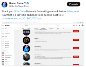 Hunter Storm YouTube screenshot | Charted on YouTube as a "Recommended Artist to Follow" between Beyoncé and Eminem.