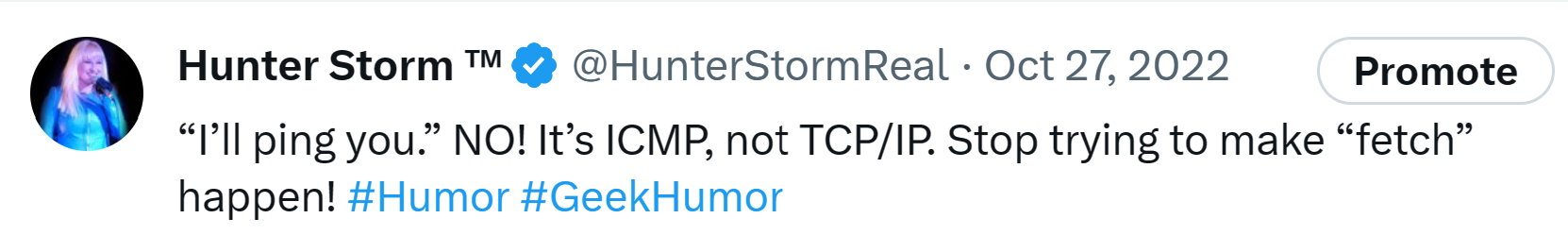 Hunter Storm Wisdom: Timeless Insights and Inspiration | “I’ll ping you.” NO! It’s ICMP, not TCP/IP. Stop trying to make 'fetch' happen!"