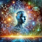 A futuristic AI entity generating a glowing, intricate web of interconnected ideas, transforming complex concepts into visual representations. The background features abstract mathematical patterns, cybersecurity symbols, and artistic elements blending seamlessly, symbolizing AI's role in unifying research, art, and technology.