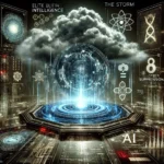 Image of the dark interior of a high-tech datacenter, with a storm of digital code and AI symbols swirling around the room. This image introduces The Storm Project | AI, Cybersecurity, Quantum, and The Future of Intelligence.