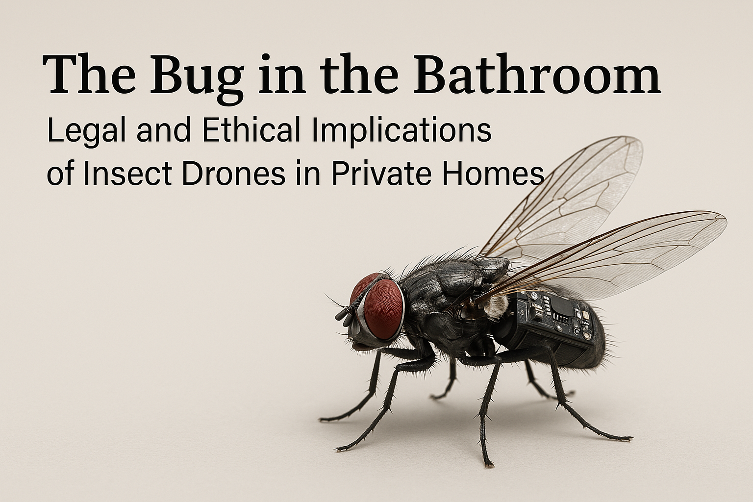 A close-up digital rendering of a technologically enhanced insect drone, perched on a surface with the title “The Bug in the Bathroom” about legal and ethical surveillance concerns.