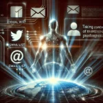 A futuristic digital representation of an independent personal website and email list, with social media icons fading into the background, symbolizing online ownership.