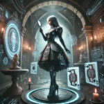 Hunter Storm as visualized by AI in her role as a cyberpunk Alice in Wonderland, long platinum hair, armored leather dress embroidered with symbols, floating cards, cryptic symbols, circuit boards, standing on a lit pedestal while gazing into a handheld mirror representing the looking glass while simultaneously watching events and data on the wall-mounted digital version of the looking glass.