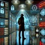 A futuristic cybersecurity command center with multiple holographic screens displaying complex data, user access logs, and security alerts. In the foreground is a futuristic representation of a datacenter interior.