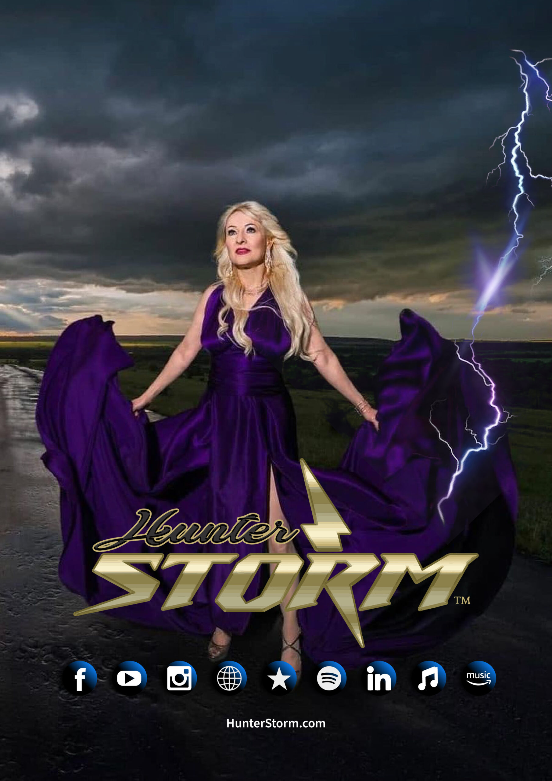 Hunter Storm standing on a wet road, channeling the storm as a sorceress in a vibrant royal purple Santorini dress. glowing metallic gold Hunter Storm logo. This image embodies the dynamic entertainer and innovation leader.